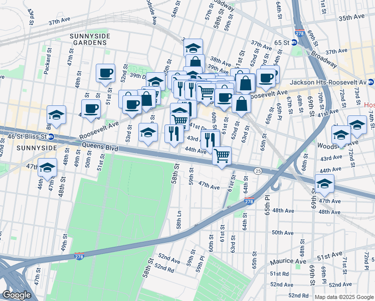 map of restaurants, bars, coffee shops, grocery stores, and more near 58-21 43rd Avenue in Queens