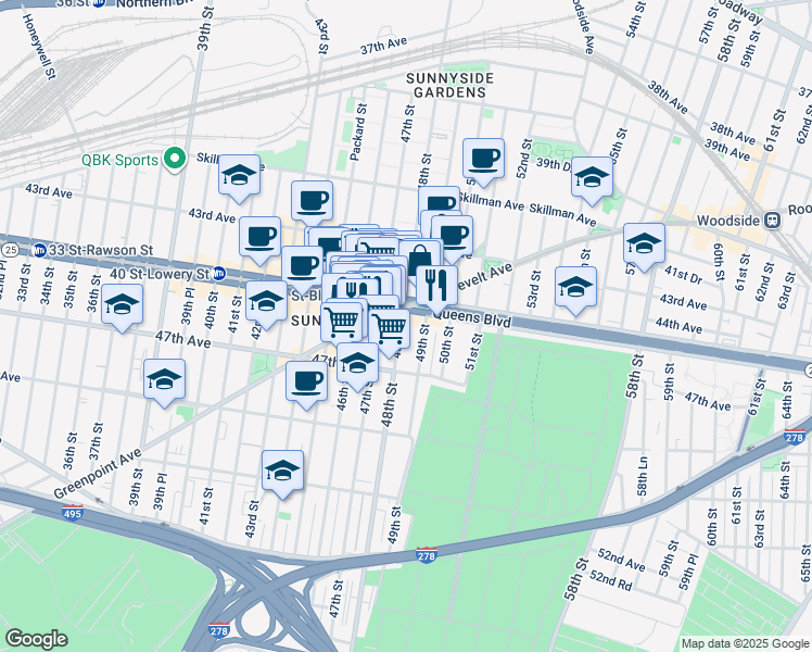 map of restaurants, bars, coffee shops, grocery stores, and more near in Queens