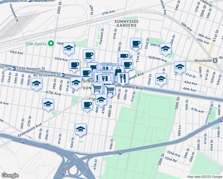 map of restaurants, bars, coffee shops, grocery stores, and more near in Queens