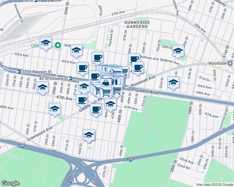 map of restaurants, bars, coffee shops, grocery stores, and more near in Queens