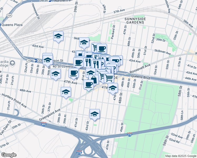 map of restaurants, bars, coffee shops, grocery stores, and more near 45-34 43rd Street in Queens