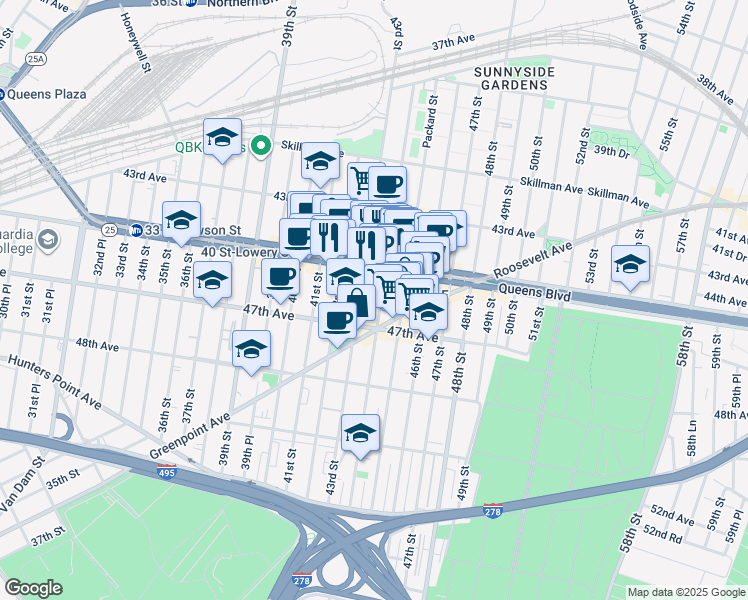 map of restaurants, bars, coffee shops, grocery stores, and more near in Queens
