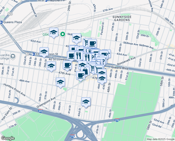 map of restaurants, bars, coffee shops, grocery stores, and more near in Queens