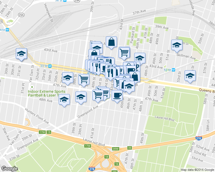 map of restaurants, bars, coffee shops, grocery stores, and more near 41-02 Queens Boulevard in Queens