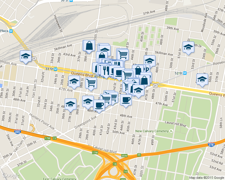 map of restaurants, bars, coffee shops, grocery stores, and more near 41-02 Queens Boulevard in Queens