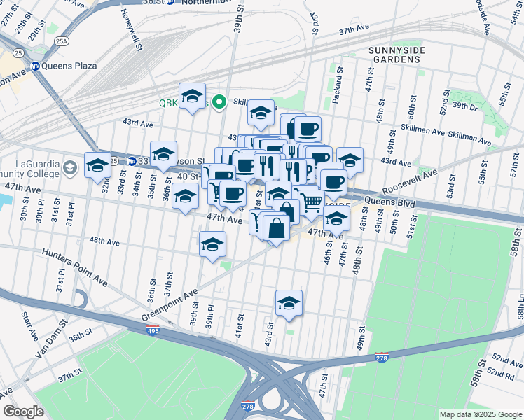 map of restaurants, bars, coffee shops, grocery stores, and more near 41-02 Queens Boulevard in Queens