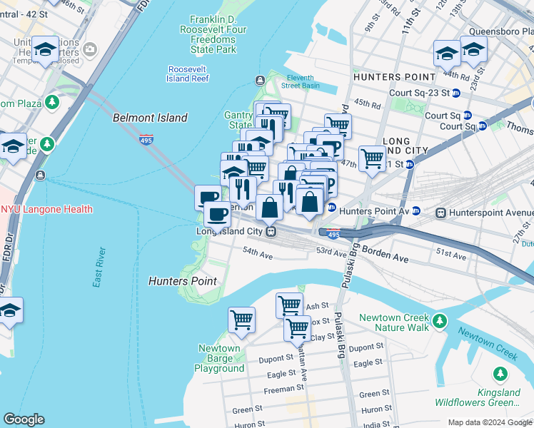 map of restaurants, bars, coffee shops, grocery stores, and more near 2-35 51st Avenue in Queens
