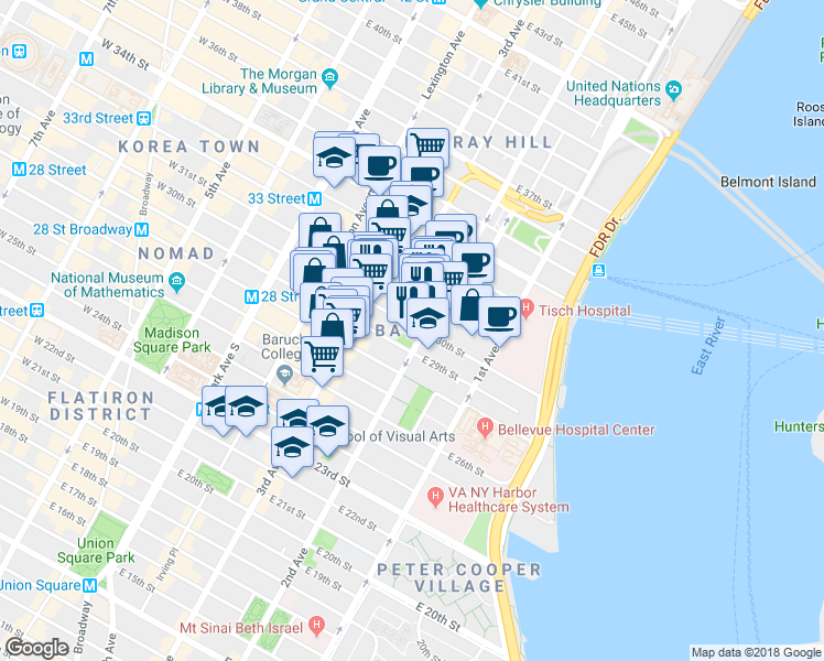 map of restaurants, bars, coffee shops, grocery stores, and more near 208 East 30th Street in New York