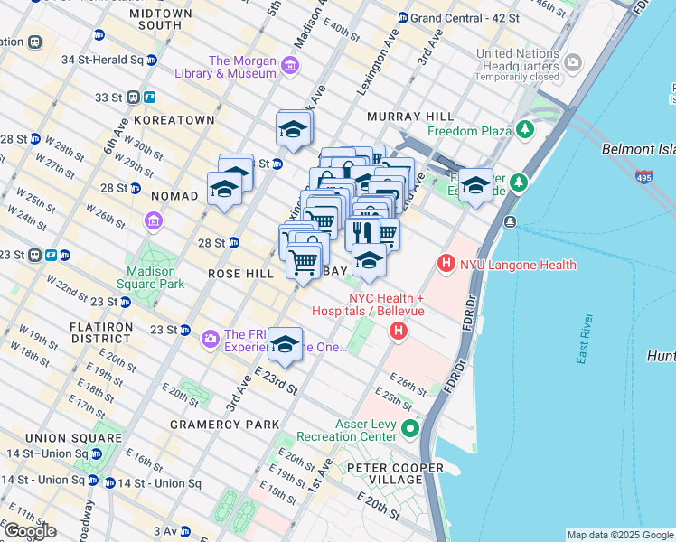 map of restaurants, bars, coffee shops, grocery stores, and more near 208 East 30th Street in New York