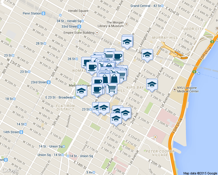 map of restaurants, bars, coffee shops, grocery stores, and more near 400 Park Avenue South in New York