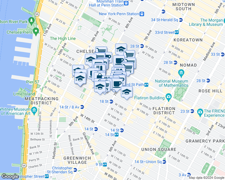 map of restaurants, bars, coffee shops, grocery stores, and more near 223 West 20th Street in New York