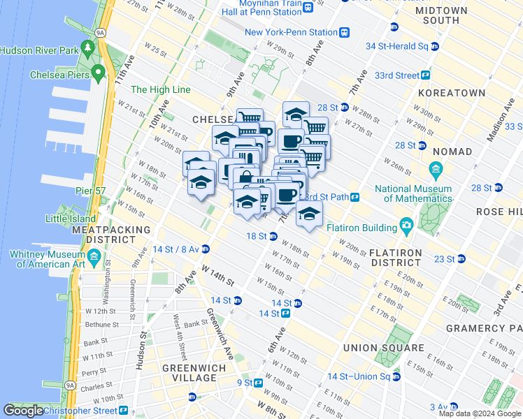 map of restaurants, bars, coffee shops, grocery stores, and more near 223 West 20th Street in New York