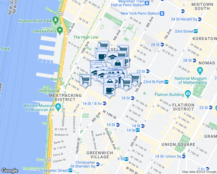 map of restaurants, bars, coffee shops, grocery stores, and more near 315 West 18th Street in New York