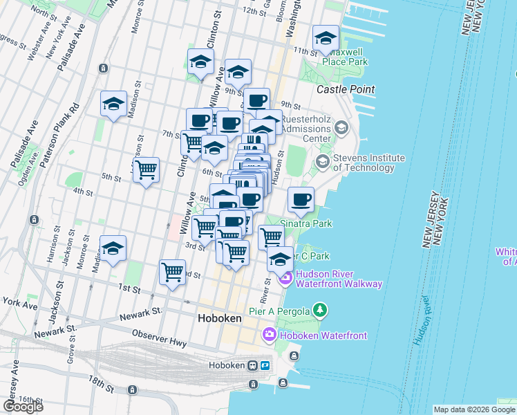 map of restaurants, bars, coffee shops, grocery stores, and more near 522 Washington Street in Hoboken