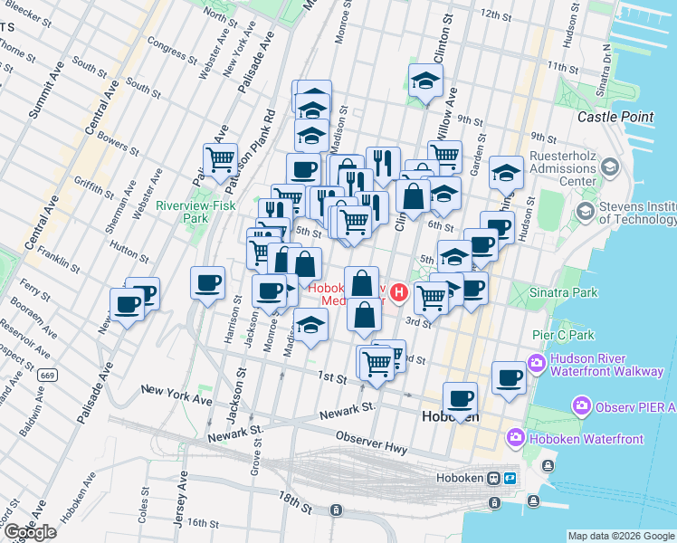 map of restaurants, bars, coffee shops, grocery stores, and more near 409-411 Jefferson Street in Hoboken