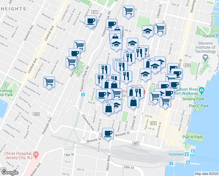 map of restaurants, bars, coffee shops, grocery stores, and more near in Hoboken