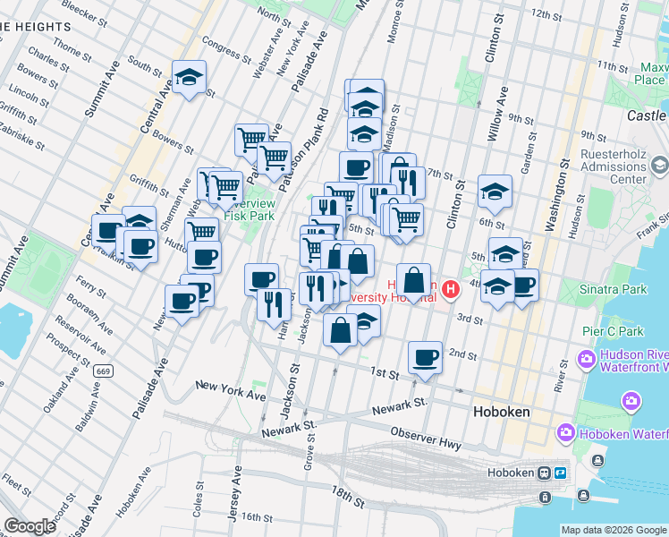map of restaurants, bars, coffee shops, grocery stores, and more near 655 4th Street in Hoboken