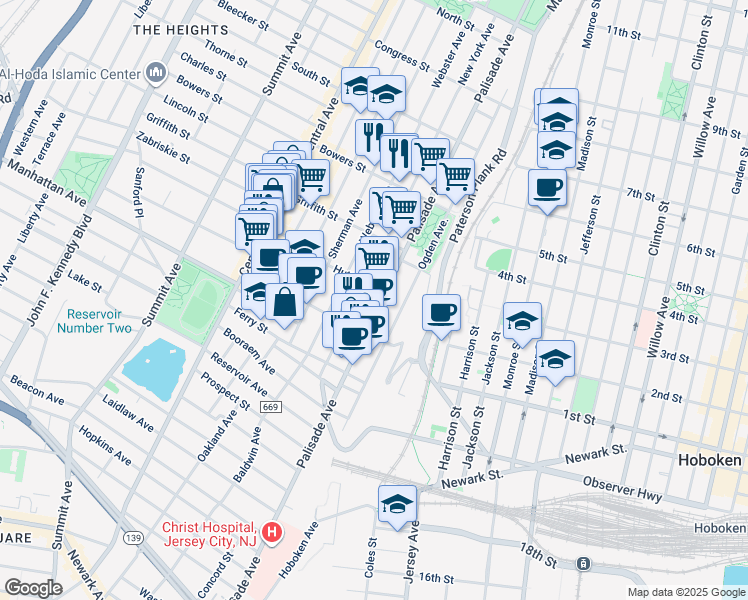 map of restaurants, bars, coffee shops, grocery stores, and more near 198 New York Avenue in Jersey City