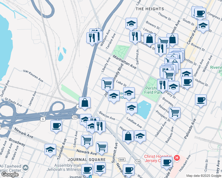 map of restaurants, bars, coffee shops, grocery stores, and more near in Jersey City
