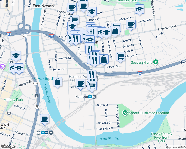 map of restaurants, bars, coffee shops, grocery stores, and more near 401 Bergen Street in Harrison