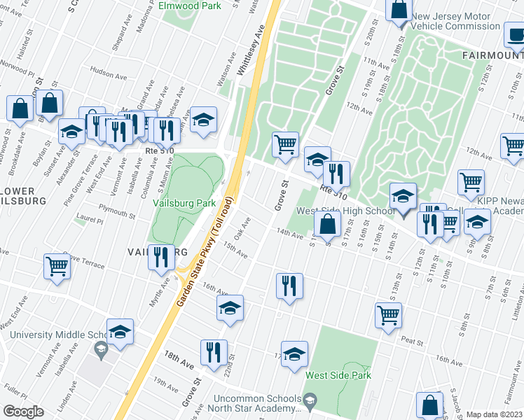 map of restaurants, bars, coffee shops, grocery stores, and more near 40 Gladstone Avenue in Newark