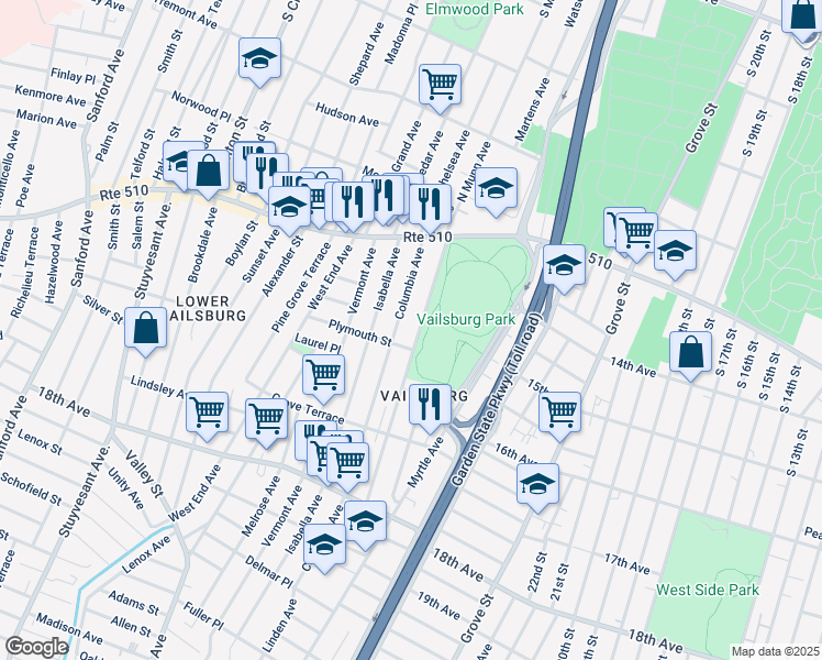map of restaurants, bars, coffee shops, grocery stores, and more near 63 Columbia Avenue in Newark