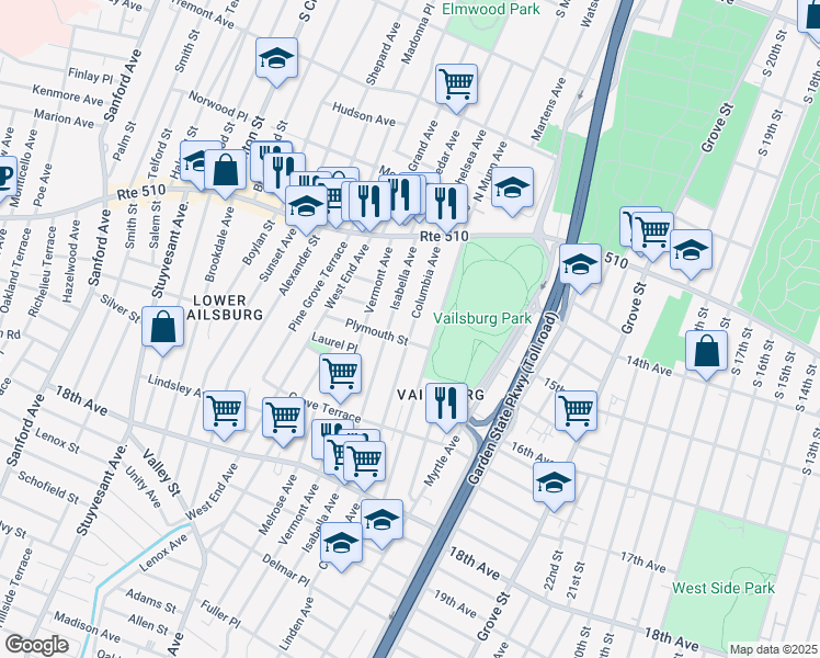 map of restaurants, bars, coffee shops, grocery stores, and more near 63 Columbia Avenue in Newark