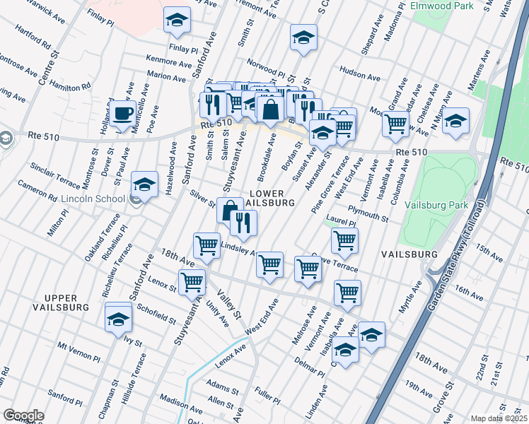 map of restaurants, bars, coffee shops, grocery stores, and more near 91 Boylan Street in Newark