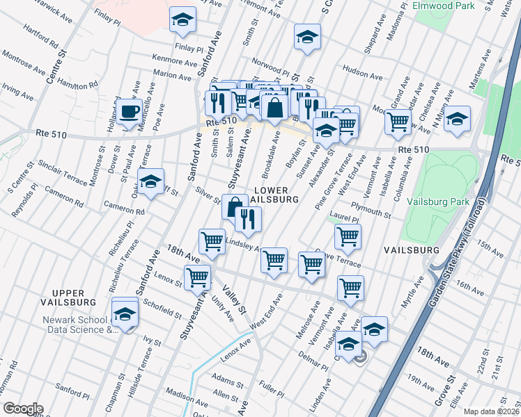 map of restaurants, bars, coffee shops, grocery stores, and more near 91 Boylan Street in Newark