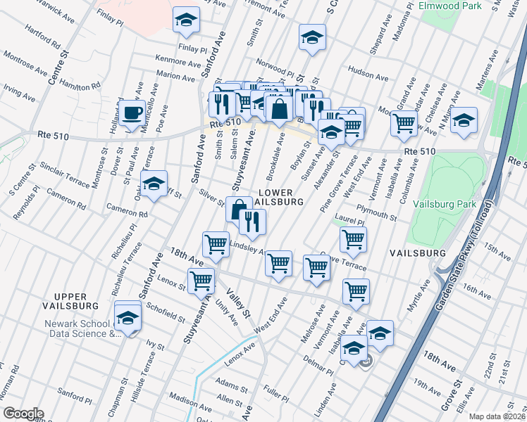 map of restaurants, bars, coffee shops, grocery stores, and more near 91 Boylan Street in Newark