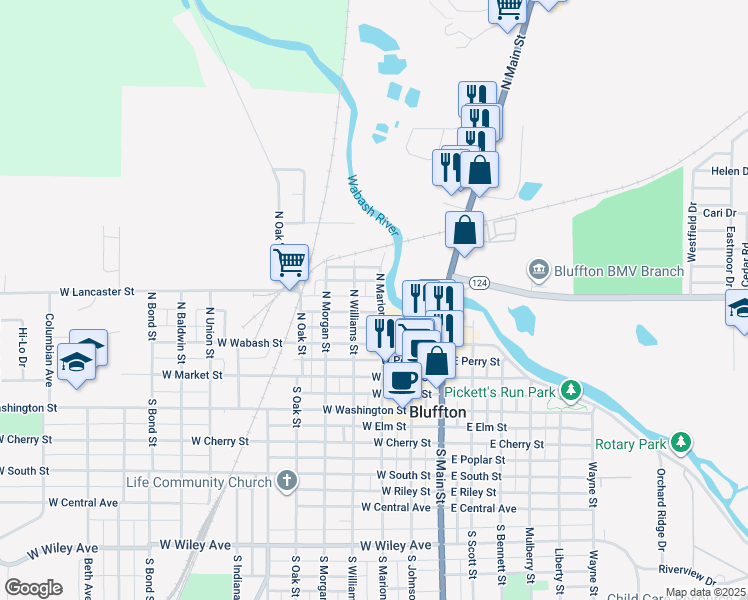 map of restaurants, bars, coffee shops, grocery stores, and more near 404 North Marion Street in Bluffton