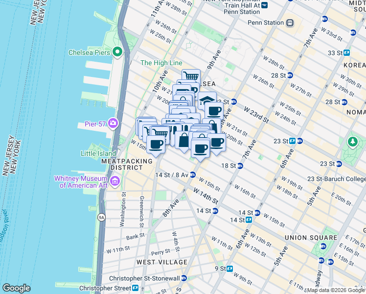 map of restaurants, bars, coffee shops, grocery stores, and more near 351 West 18th Street in New York