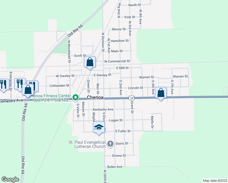 map of restaurants, bars, coffee shops, grocery stores, and more near 509 Lincoln Street in Chenoa