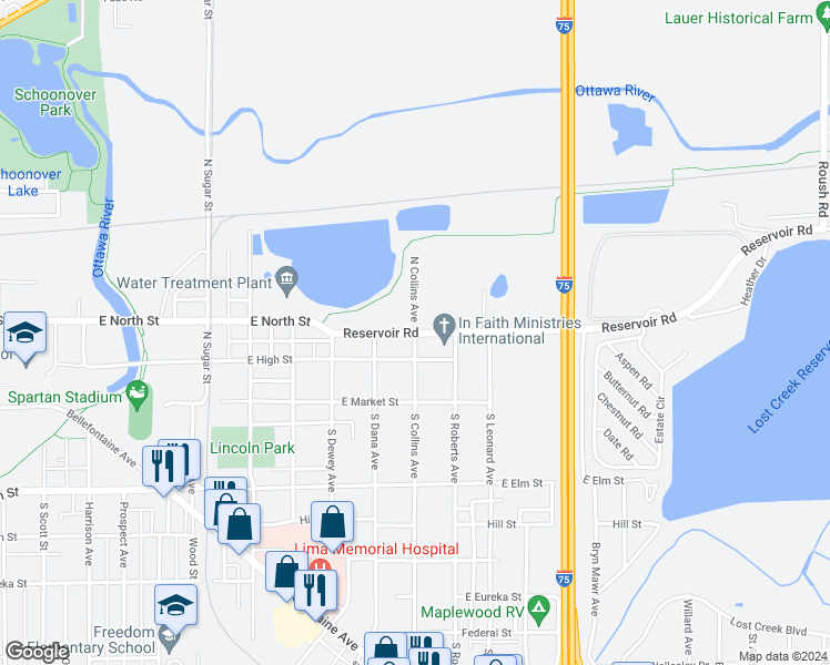 map of restaurants, bars, coffee shops, grocery stores, and more near 300 North Collins Avenue in Lima