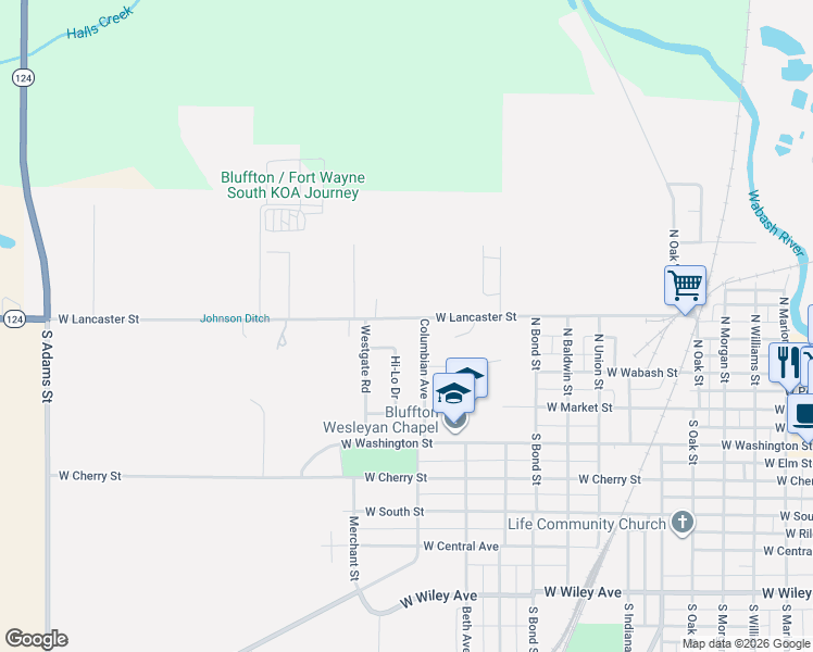 map of restaurants, bars, coffee shops, grocery stores, and more near 1435 West Lancaster Street in Bluffton