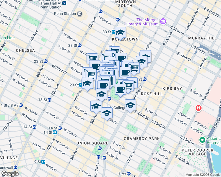 map of restaurants, bars, coffee shops, grocery stores, and more near Broadway & 5th Ave in New York