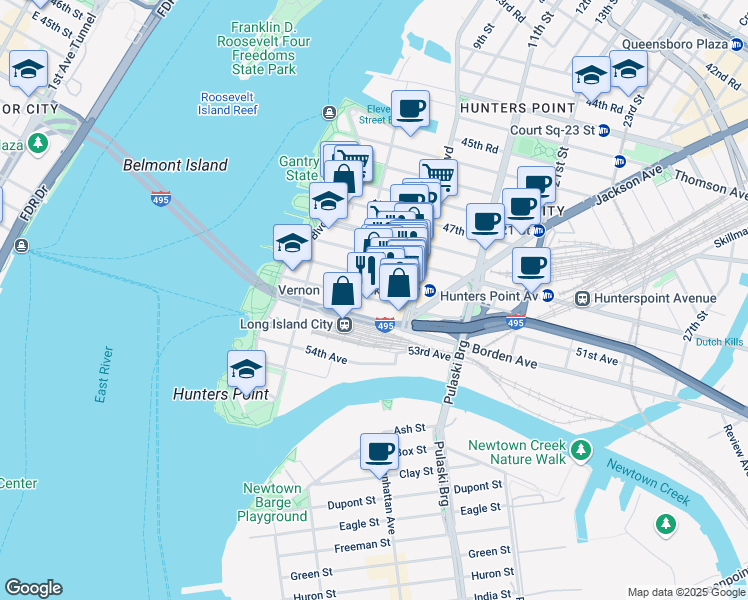 map of restaurants, bars, coffee shops, grocery stores, and more near 5-04 50th Avenue in Queens