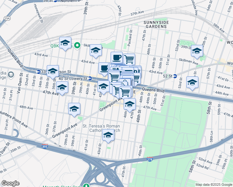 map of restaurants, bars, coffee shops, grocery stores, and more near 45-35 44th Street in Queens