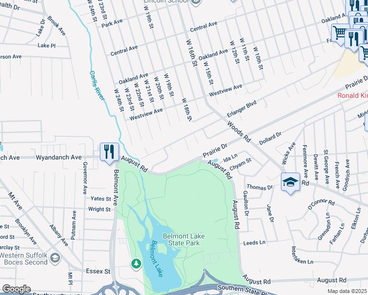 map of restaurants, bars, coffee shops, grocery stores, and more near 313 Erlanger Boulevard in North Babylon