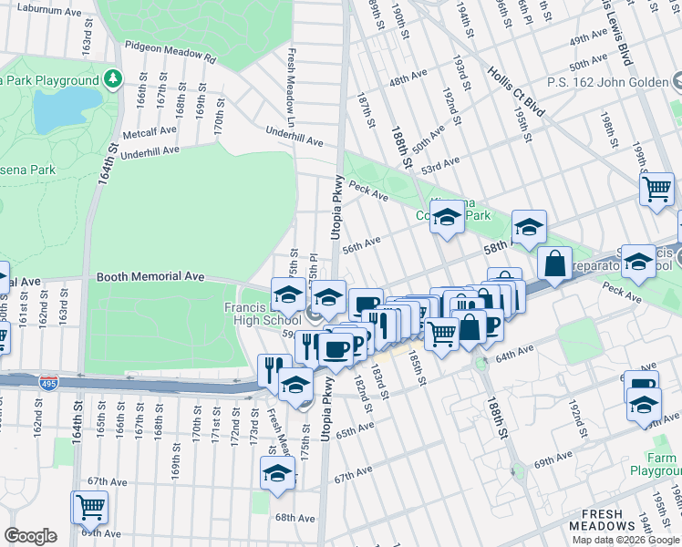 map of restaurants, bars, coffee shops, grocery stores, and more near 56-3 Utopia Parkway in Queens