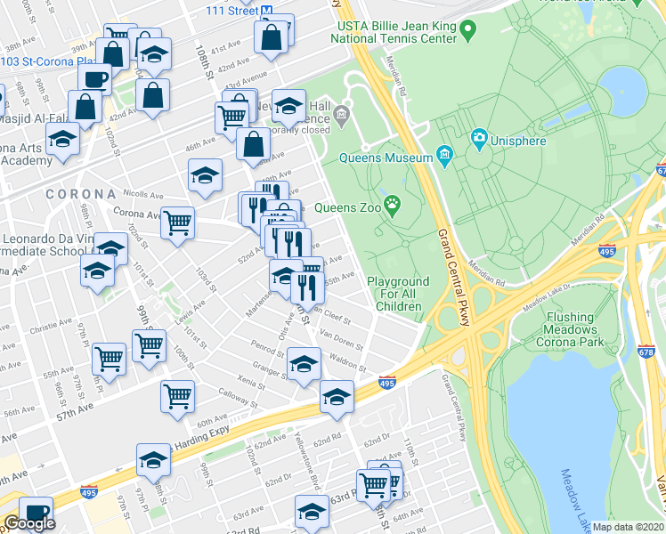 map of restaurants, bars, coffee shops, grocery stores, and more near 109-40 54th Avenue in Queens
