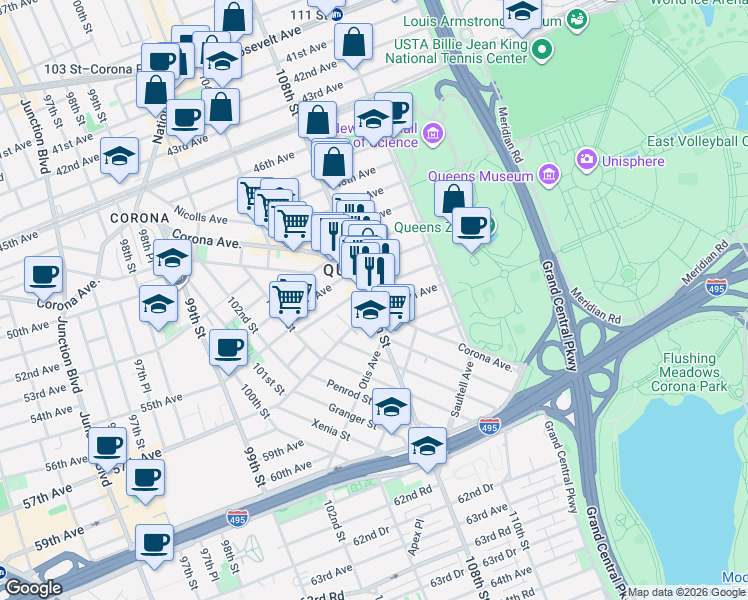 map of restaurants, bars, coffee shops, grocery stores, and more near 10809 53rd Avenue in Queens