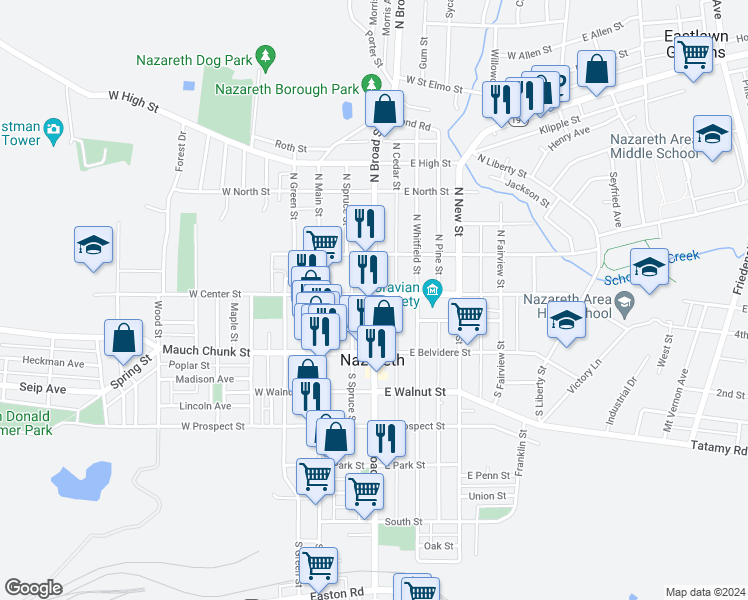map of restaurants, bars, coffee shops, grocery stores, and more near 4 South Broad Street in Nazareth