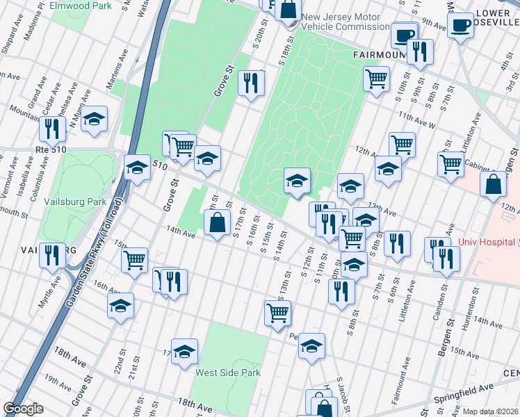 map of restaurants, bars, coffee shops, grocery stores, and more near South Orange Avenue & South 16th Street in Newark