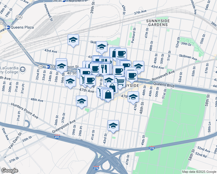 map of restaurants, bars, coffee shops, grocery stores, and more near 41-02 Queens Boulevard in Queens