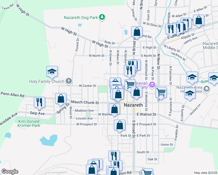map of restaurants, bars, coffee shops, grocery stores, and more near 41 North Green Street in Nazareth