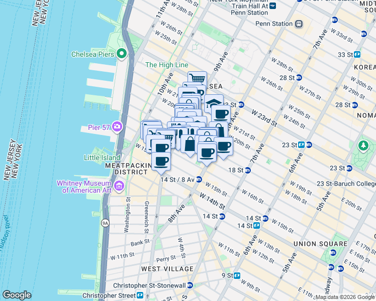 map of restaurants, bars, coffee shops, grocery stores, and more near 351 West 18th Street in New York