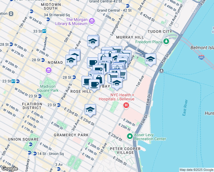 map of restaurants, bars, coffee shops, grocery stores, and more near 229 East 29th Street in New York