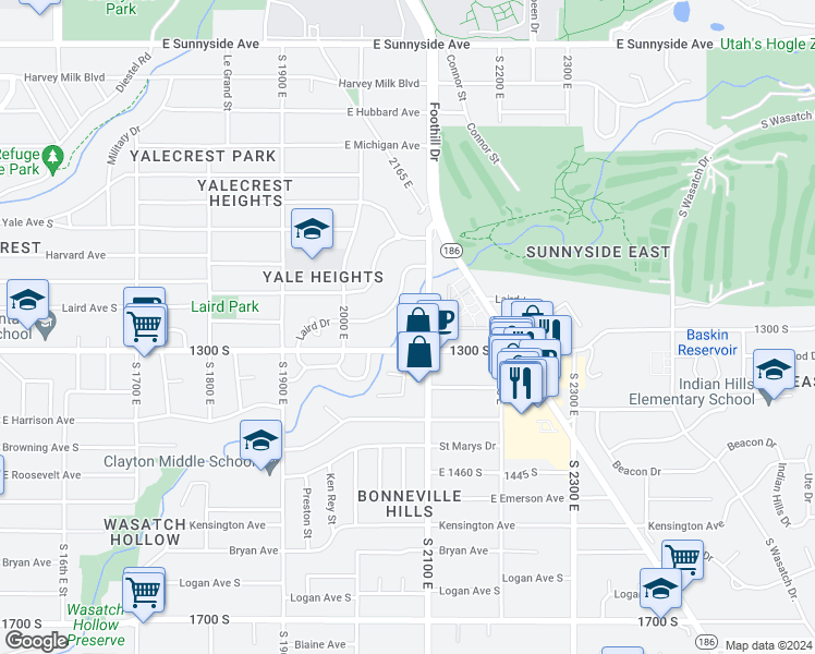 map of restaurants, bars, coffee shops, grocery stores, and more near 2069 Harvard Oaks Circle in Salt Lake City
