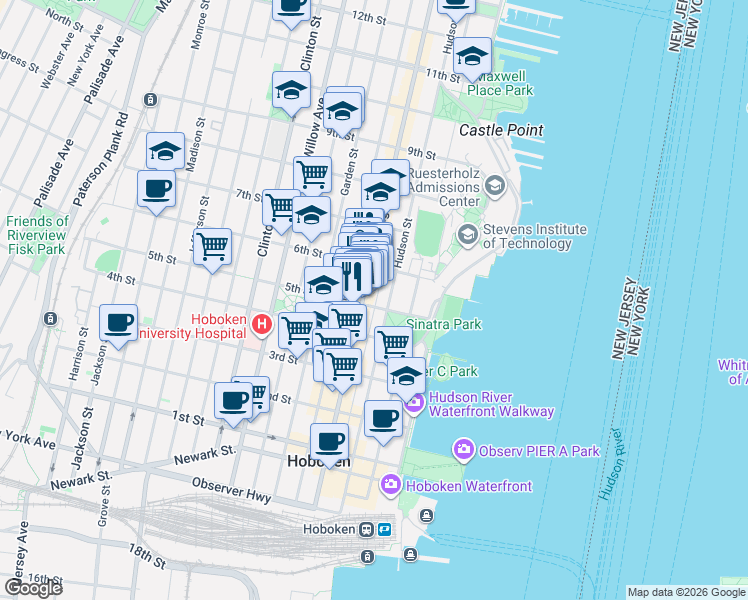 map of restaurants, bars, coffee shops, grocery stores, and more near 522 Washington Street in Hoboken